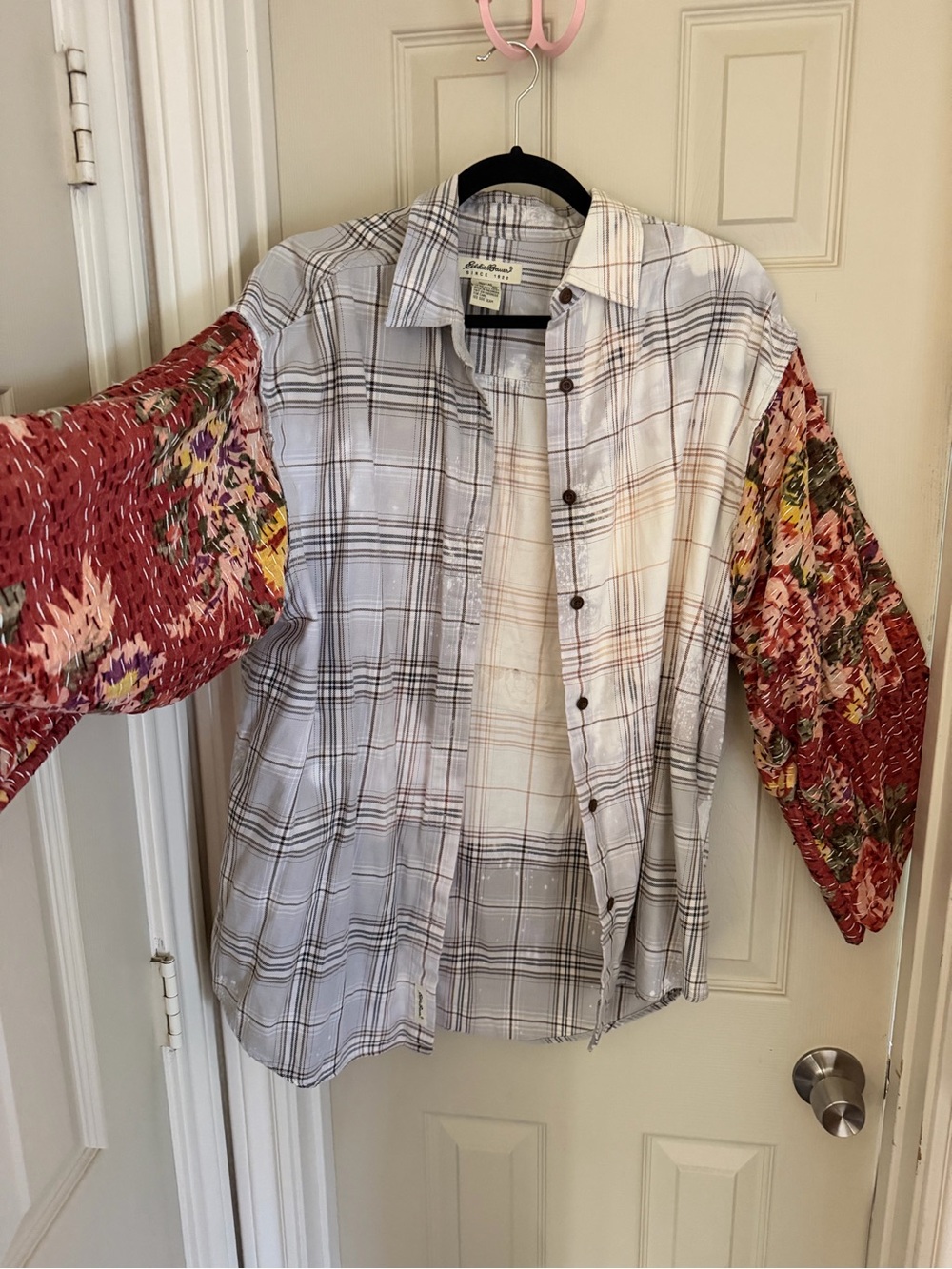 Up cycled Plaid Button-Up Shirt with Floral Contrast Sleeves -